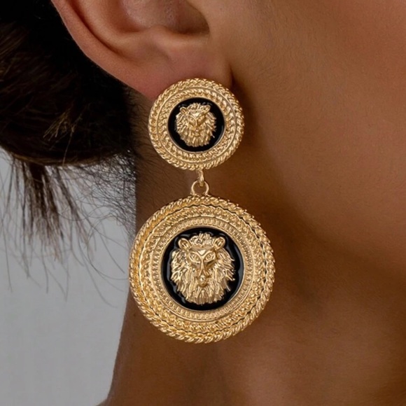Designer Inspired Lion Head, Gold & Black Double Circle,Vintage Style Earrings - Picture 2 of 7
